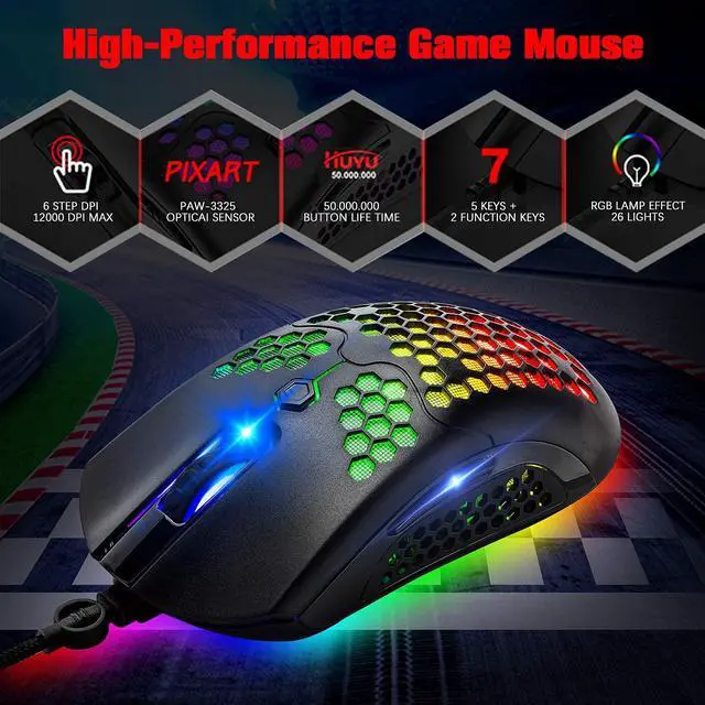 Alt view image 5 of 7 - Zhhcyyds M5 RGB Lightweight Wired Gaming Mouse with 12000 DPI 6 Programmed Buttons,65G Honeycomb Shell,Ultralight Ultraweave Cable,Pixart 3325 Optical Sensor Gamer Mice for Laptop PC Mac