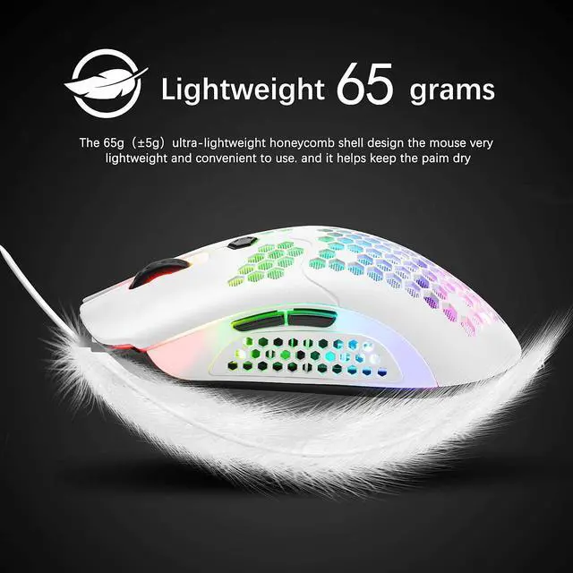 Alt view image 2 of 7 - Zhhcyyds M5 RGB Lightweight Wired Gaming Mouse with 12000 DPI 6 Programmed Buttons,65G Honeycomb Shell,Ultralight Ultraweave Cable,Pixart 3325 Optical Sensor Gamer Mice for Laptop PC Mac White