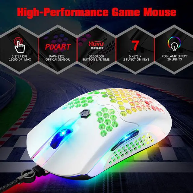 Alt view image 5 of 7 - Zhhcyyds M5 RGB Lightweight Wired Gaming Mouse with 12000 DPI 6 Programmed Buttons,65G Honeycomb Shell,Ultralight Ultraweave Cable,Pixart 3325 Optical Sensor Gamer Mice for Laptop PC Mac White
