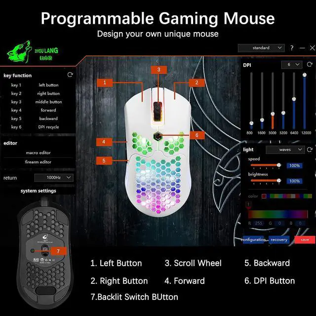Alt view image 6 of 7 - Zhhcyyds M5 RGB Lightweight Wired Gaming Mouse with 12000 DPI 6 Programmed Buttons,65G Honeycomb Shell,Ultralight Ultraweave Cable,Pixart 3325 Optical Sensor Gamer Mice for Laptop PC Mac White