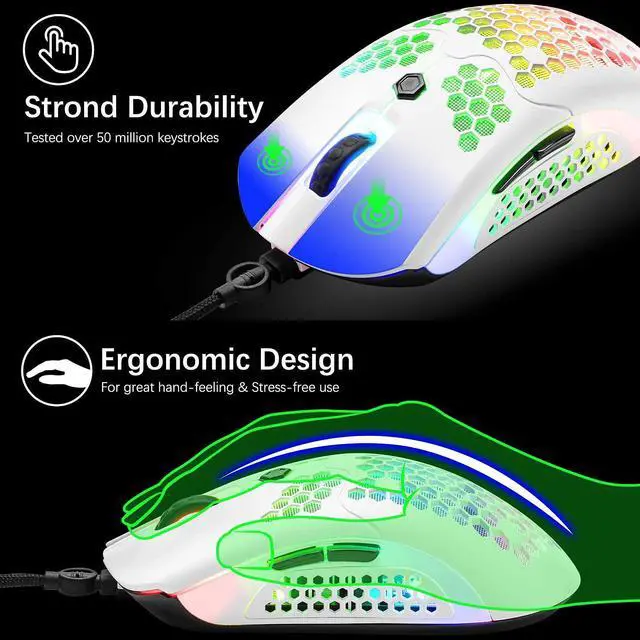Alt view image 3 of 7 - Zhhcyyds M5 RGB Lightweight Wired Gaming Mouse with 12000 DPI 6 Programmed Buttons,65G Honeycomb Shell,Ultralight Ultraweave Cable,Pixart 3325 Optical Sensor Gamer Mice for Laptop PC Mac White