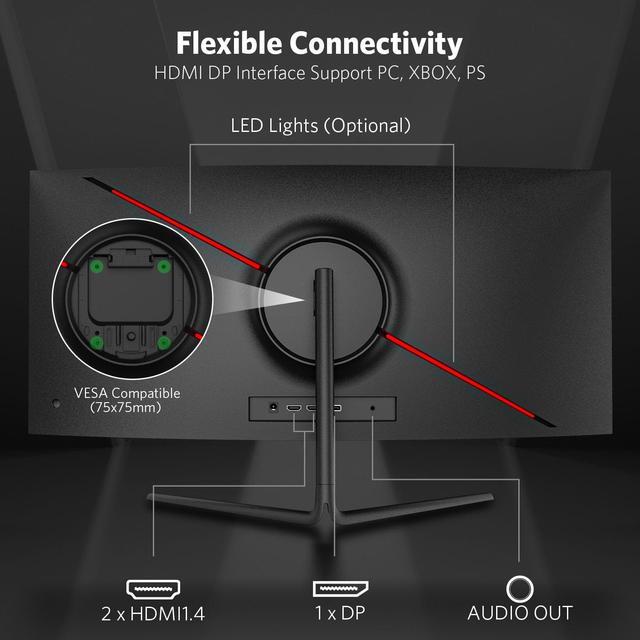 Alt view image 7 of 7 - Fiodio 30in 21:9 Ultrawide Curved Gaming Monitor, 100Hz, 2560 * 1080P, Built-in Speakers,  HDMI DP Ports, VESA Wall Mount Ready