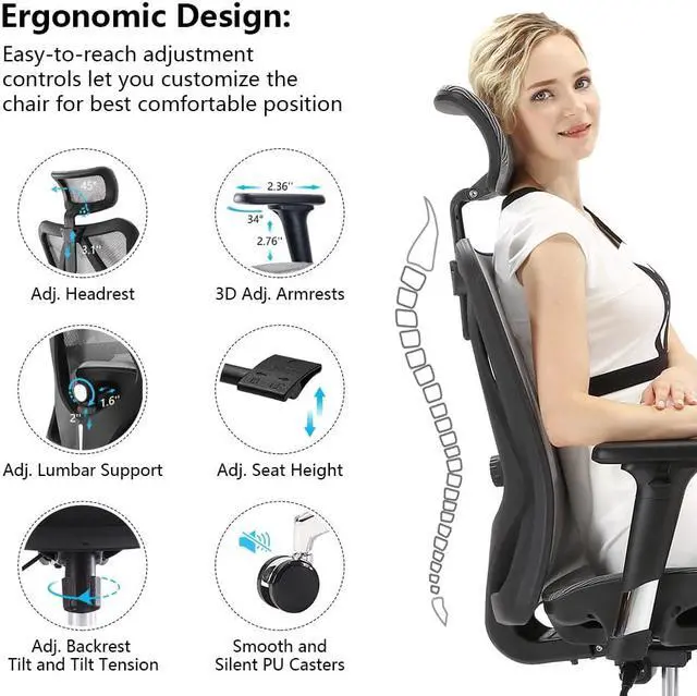 Alt view image 7 of 11 - SIHOO Ergonomic Adjustable Office Chair with 3D Arm Rests and Lumbar Support - High Back with Breathable Mesh - Mesh Seat Cushion - Adjustable Head & Reclines Grey