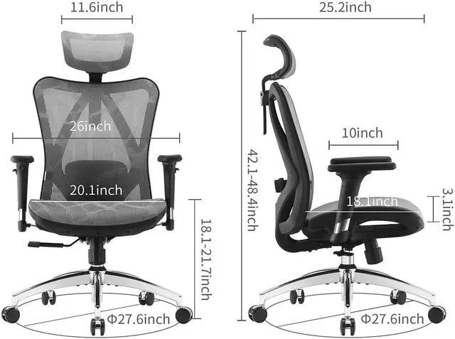 Alt view image 11 of 11 - SIHOO Ergonomic Adjustable Office Chair with 3D Arm Rests and Lumbar Support - High Back with Breathable Mesh - Mesh Seat Cushion - Adjustable Head & Reclines Grey