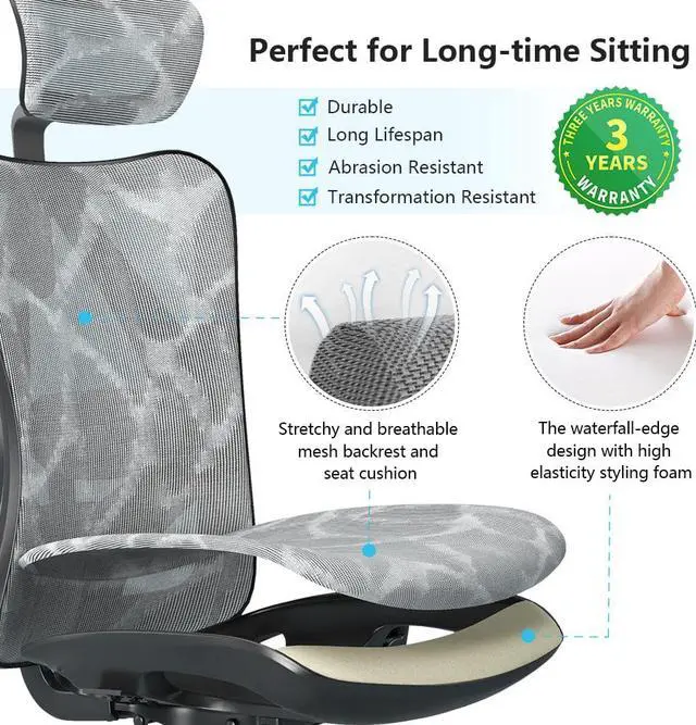 Alt view image 9 of 11 - SIHOO Ergonomic Adjustable Office Chair with 3D Arm Rests and Lumbar Support - High Back with Breathable Mesh - Mesh Seat Cushion - Adjustable Head & Reclines Grey