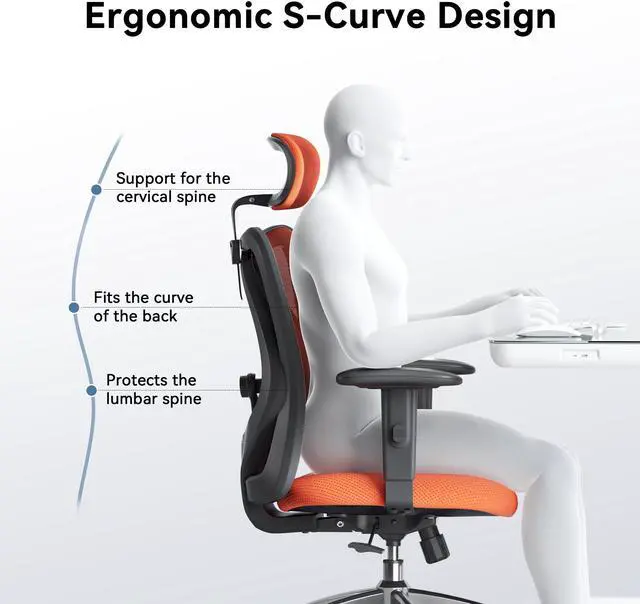 Alt view image 3 of 7 - SIHOO Ergonomic Desk Chair, Computer Chair with Breathable Mesh Design Adjustable Headrest and Lumbar Support High Back Chair, Orange