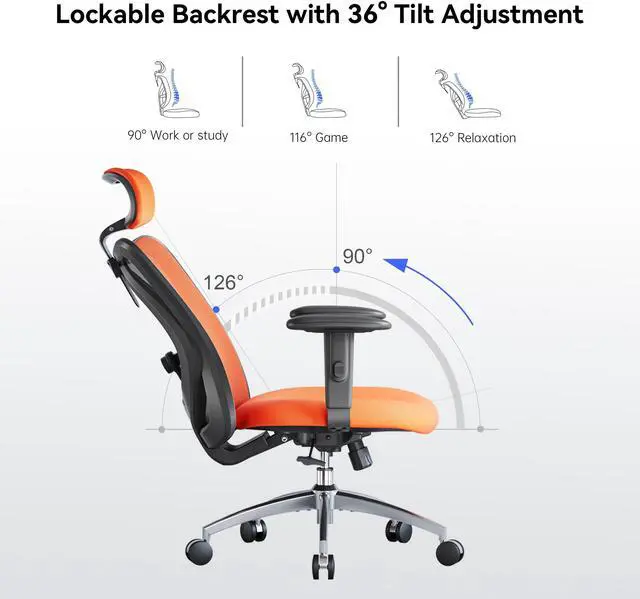 Alt view image 4 of 7 - SIHOO Ergonomic Desk Chair, Computer Chair with Breathable Mesh Design Adjustable Headrest and Lumbar Support High Back Chair, Orange
