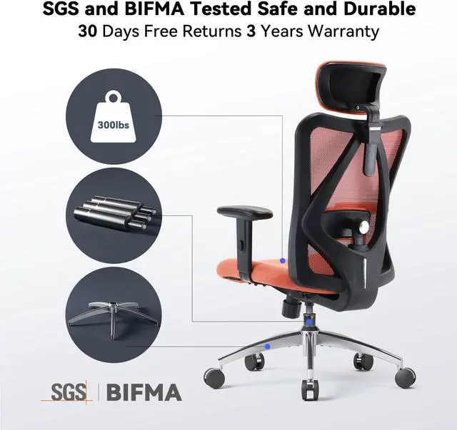Alt view image 6 of 7 - SIHOO Ergonomic Desk Chair, Computer Chair with Breathable Mesh Design Adjustable Headrest and Lumbar Support High Back Chair, Orange