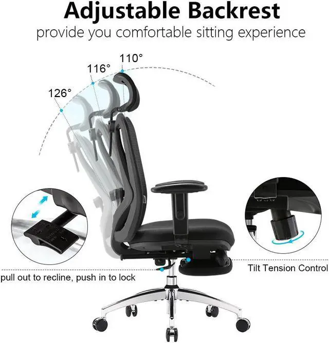 Alt view image 6 of 7 - SIHOO Recliner Computer Office Chair with Adjustable S-Shaped Ergonomic Backrest, Retractable Footrest and Headrest, for Relaxing & Working, Black