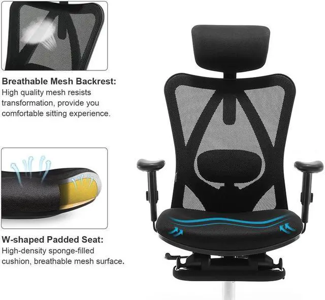 Alt view image 5 of 7 - SIHOO Recliner Computer Office Chair with Adjustable S-Shaped Ergonomic Backrest, Retractable Footrest and Headrest, for Relaxing & Working, Black