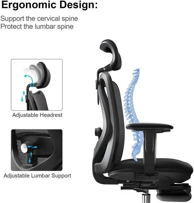 Alt view image 4 of 7 - SIHOO Recliner Computer Office Chair with Adjustable S-Shaped Ergonomic Backrest, Retractable Footrest and Headrest, for Relaxing & Working, Black