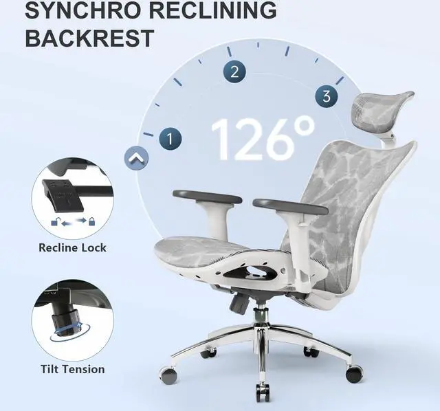 Alt view image 4 of 6 - SIHOO High-Back Ergonomic Office Chair, Mesh Desk Chair with Adjustable 3D Armrest, Lumbar Support and Headrest, for Home & Office, Black Light Grey