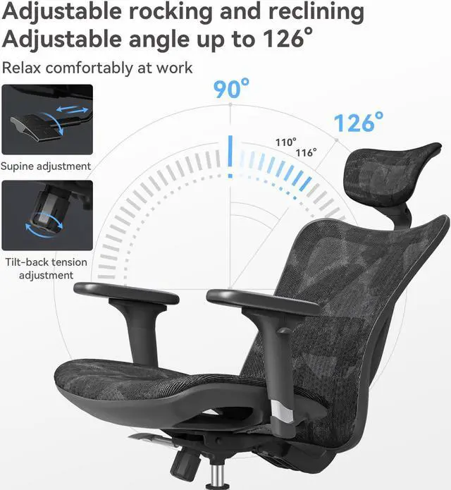 Alt view image 13 of 14 - SIHOO High-Back Ergonomic Office Chair, Mesh Desk Chair with Adjustable 3D Armrest, Lumbar Support and Headrest, for Home & Office, Black