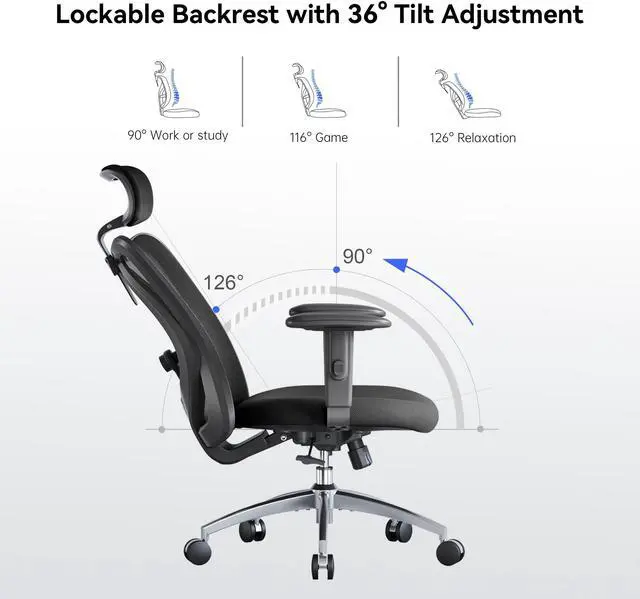 Alt view image 12 of 14 - SIHOO High-Back Mesh Office Chair with Lumbar Support, Ergonomic Chair for Desk, Breathable Mesh Adjustable Headrests for Home Office, Black