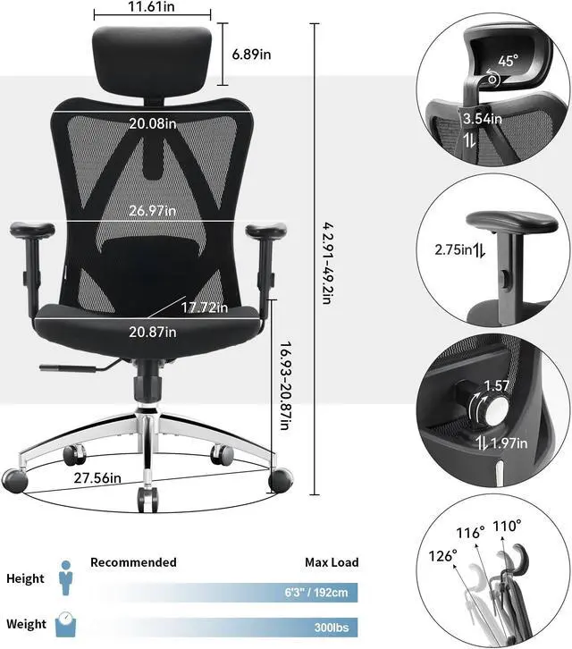 Alt view image 15 of 14 - SIHOO High-Back Mesh Office Chair with Lumbar Support, Ergonomic Chair for Desk, Breathable Mesh Adjustable Headrests for Home Office, Black