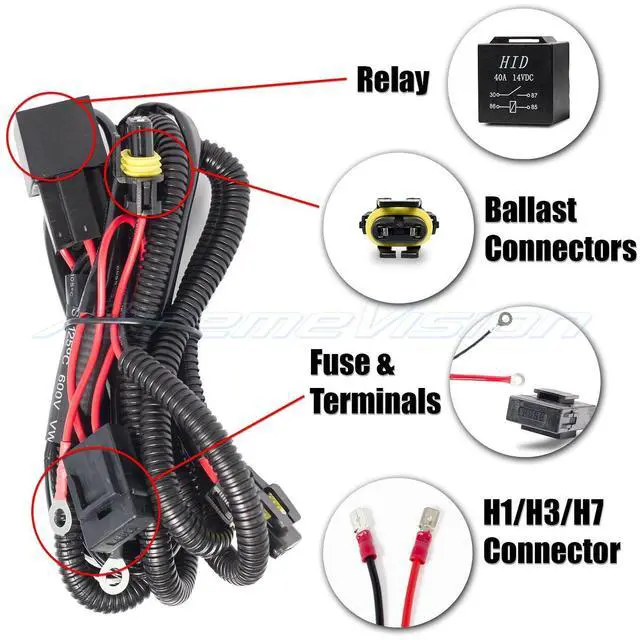 Alt view image 2 of 2 - XtremeVision H1 / H3 / H7 HID Battery Wiring Relay Harness 12V 40 AMP 35W/55W