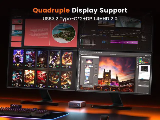 Alt view image 6 of 7 - PELADN Mini PC, AMD Ryzen 7 7735U (8C/16T, Up To 4.75Ghz), 32GB DDR5/1T NVMe SSD, Dual Type-C/DP/HD, Mini Desktop Computer, WiFi6 4K/60Hz Quadruple-Display USB3.2/BT5.2 Mini Computers For Home Bus