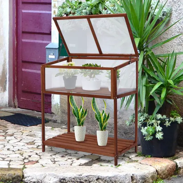 Alt view image 7 of 7 - Wooden Greenhouse Cold Frame, Portable Garden Mini Greenhouse Kit with Shelf, Raised Flower Planter Protection for Outdoor Indoor