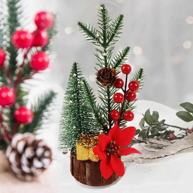Main image of 9 Inch Artificial Christmas Tree Frosted Tips With LED Lights For Desktop, Countertop Decorative Holiday Centerpiece Tree With Poinsettia And Wooden Base