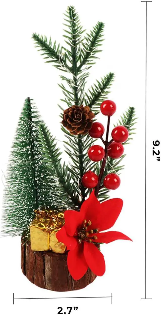 Alt view image 2 of 2 - 9 Inch Artificial Christmas Tree Frosted Tips With LED Lights For Desktop, Countertop Decorative Holiday Centerpiece Tree With Poinsettia And Wooden Base