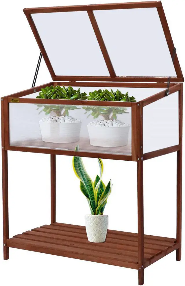Main image of Wooden Greenhouse Cold Frame, Portable Garden Mini Greenhouse Kit with Shelf, Raised Flower Planter Protection for Outdoor Indoor