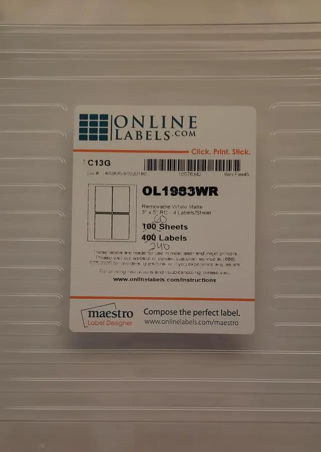 Main image of Online Labels OL1983WR Removable White Matte 3" x 5" Labels 60 sheets 240 labels