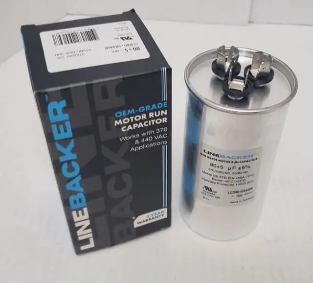 Main image of 80 + 5 uF MFD x 370 / 440 VAC Motor Run Capacitor Linebacker