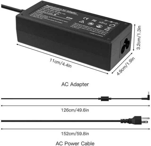 Alt view image 7 of 14 - 65W Laptop Charger for HP Envy 13 15 17 15-1039wm,Pavilion x360 11 13 15,EliteBook 820 830 840 850 G6 G3 G4 G5 G7-45W AC Power Supply Cord