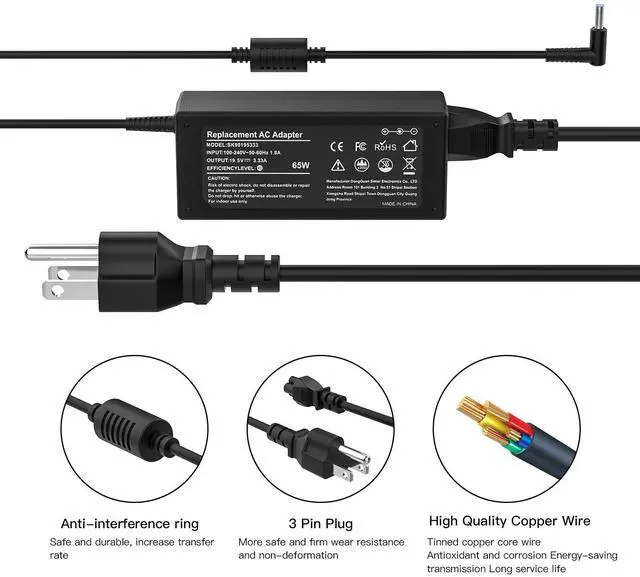 Alt view image 4 of 14 - 65W Laptop Charger for HP Envy 13 15 17 15-1039wm,Pavilion x360 11 13 15,EliteBook 820 830 840 850 G6 G3 G4 G5 G7-45W AC Power Supply Cord