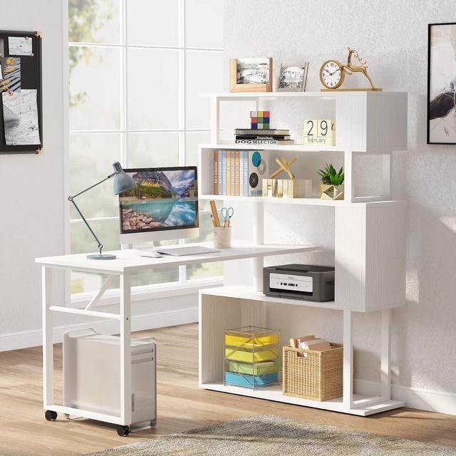 TribeSigns Rotating Computer Desk with 5 Shelves Bookshelf, Vintage Rustic  L-Shaped Corner Desk with Storage, Reversible Office Desk Study Table