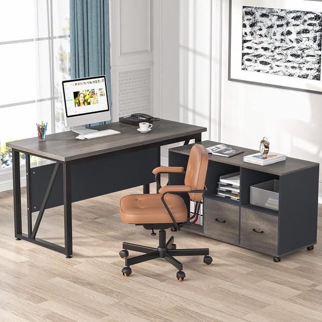 55 inches Executive Desk and 43 lateral File Cabinet, L-Shaped Computer  Desk Home Office Furniture with Drawers and Storage Shelves