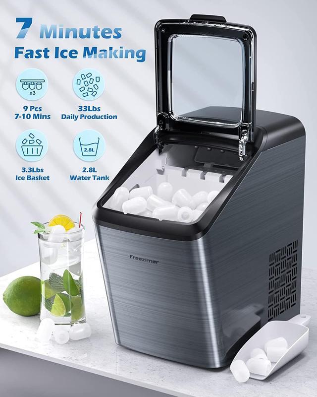 Ice Makers Countertop, 33Lbs/24 Hours, Portable Ice Maker Machine  Countertop, 9 Cubes Ready in 7-10 Mins, 2 Size Ice Cubes, Self-Cleaning Ice  Machine with Ice Scoop, Basket and Measuring Cup (Black) 