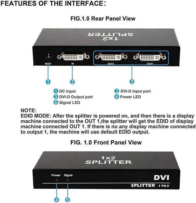 Alt view image 3 of 7 - DVI Splitter 1 in 2 Out 2 Port DVI Dual Monitors Distribution Duplicator Video Splitter (EDID Management) Support Resolution up to 4K2K/30HZ for PC Laptop DVR Projector HDTV