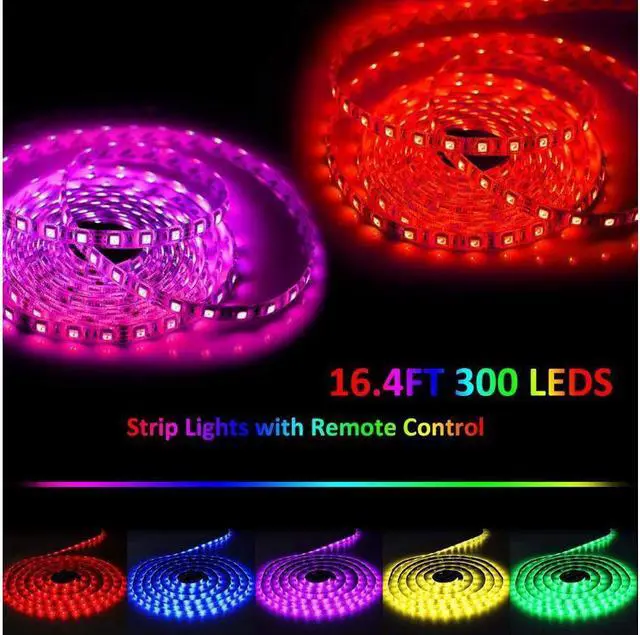 Alt view image 5 of 7 - LED Strip Lights with Remote 300 LEDs 16.4FT Light Stripe with RGB 5050 LED 16 Color Changing and 4 Modes Dimmable Led Stripe Lights 12V Stripe Light for Indoor and Outdoor Decoration