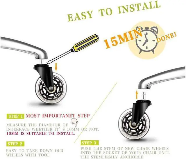 Alt view image 4 of 7 - 3 Inch Office Chair Wheels Set of 5 Premium Rubber Chair Casters (Remedy by Tape if Stem Size Not Fit) Heavy Duty & Silent No More Chair Mat for Hardwood Floors Wheels for IKEA Chairs