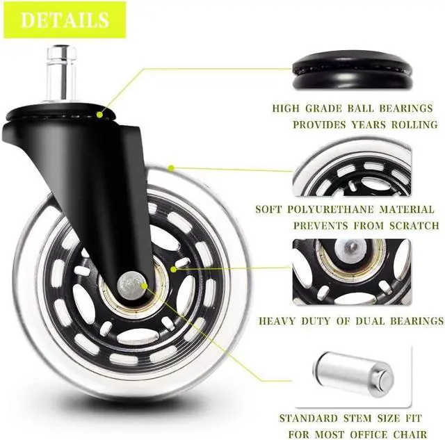 Alt view image 6 of 7 - 3 Inch Office Chair Wheels Set of 5 Premium Rubber Chair Casters (Remedy by Tape if Stem Size Not Fit) Heavy Duty & Silent No More Chair Mat for Hardwood Floors Wheels for IKEA Chairs
