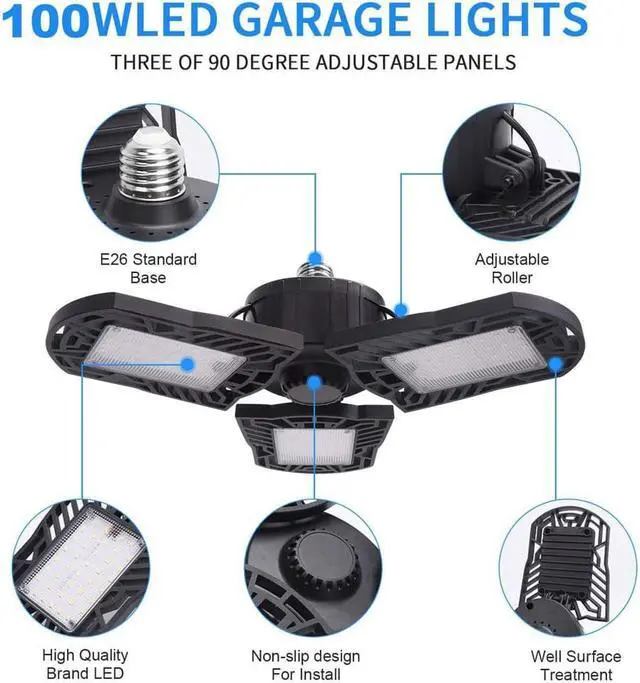 Alt view image 3 of 7 - LED Garage Lights 100W 10000 Lumens Adjustable Trilights Garage Ceiling Light LED Garage Light CRI 80 6000k Nature LED Shop Lights for Garage Barn Workshop Warehouse