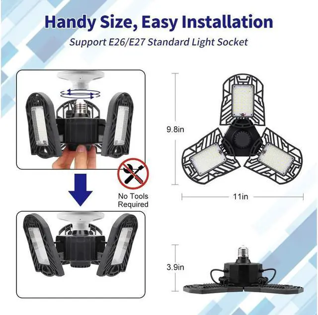 Alt view image 4 of 7 - LED Garage Lights 6000LM Deformable Garage Ceiling Lights 60W E26 / E27 Basement Light Ultra-Bright Trilight Lamp Set with 3 Adjustable Panels 6000K Daylight for Garage Warehouse Workshop