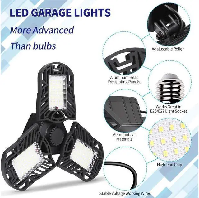 Alt view image 2 of 7 - LED Garage Lights 6000LM Deformable Garage Ceiling Lights 60W E26 / E27 Basement Light Ultra-Bright Trilight Lamp Set with 3 Adjustable Panels 6000K Daylight for Garage Warehouse Workshop