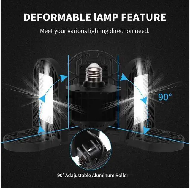 Alt view image 5 of 7 - LED Garage Lights 6000LM Deformable Garage Ceiling Lights 60W E26 / E27 Basement Light Ultra-Bright Trilight Lamp Set with 3 Adjustable Panels 6000K Daylight for Garage Warehouse Workshop