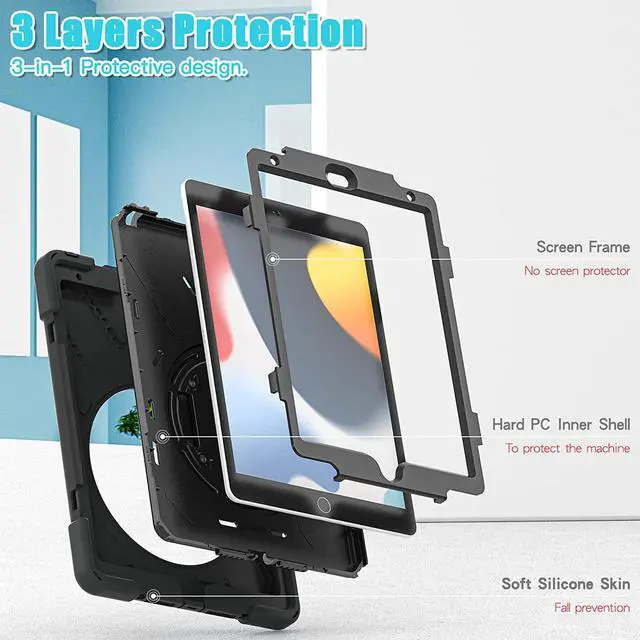 Alt view image 3 of 7 - Case for iPad 7th and iPad 8th and iPad 9th Gen 10.2 Inch, Heavy Duty Rugged Protective, 3 in 1 Shockproof Cover with 360° Kickstand/Hand Strap/Shoulder Strap for for iPad 10.2 Inch 2021/2020/2019