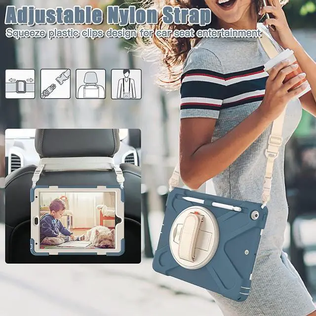 Alt view image 5 of 7 - Case for iPad 7th and iPad 8th and iPad 9th Gen 10.2 Inch, Heavy Duty Rugged Protective, 3 in 1 Shockproof Cover with 360° Kickstand/Hand Strap/Shoulder Strap for for iPad 10.2 Inch 2021/2020/2019