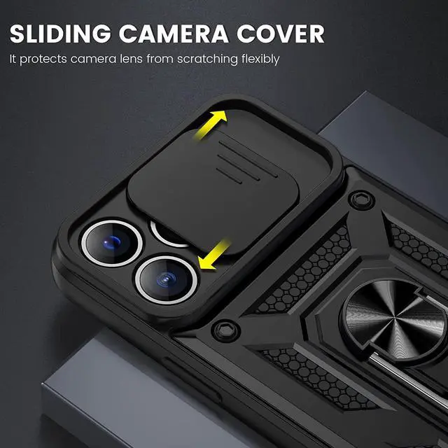 Alt view image 3 of 7 - for iPhone 13 Pro Max Case, with Slide Camera Cover & Built-in 360° Rotating Kickstand & Front Screen Protector Protective Case for iPhone 13 Pro Max 6.7 inch