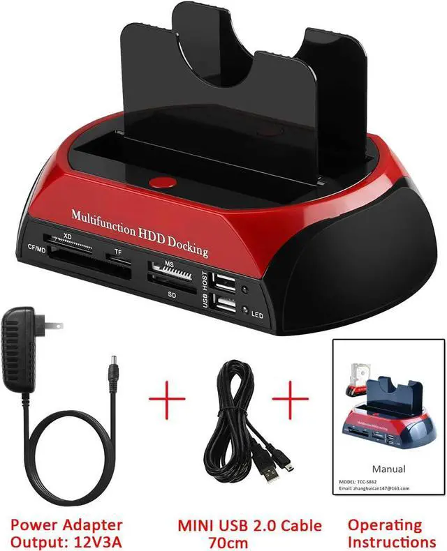 Alt view image 7 of 7 - Hard Drive Docking Station, USB 2.0 to 2.5 3.5 Inch SATA IDE Dual Slots External Enclosure with All in 1 Card Reader and USB 2.0 Hub for 2.5" 3.5" IDE SATA I/II/III HDD SSD