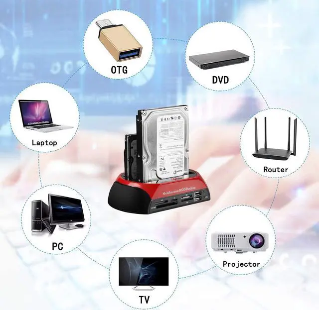 Alt view image 6 of 7 - Hard Drive Docking Station, USB 2.0 to 2.5 3.5 Inch SATA IDE Dual Slots External Enclosure with All in 1 Card Reader and USB 2.0 Hub for 2.5" 3.5" IDE SATA I/II/III HDD SSD