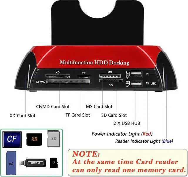 Alt view image 3 of 7 - Hard Drive Docking Station, USB 2.0 to 2.5 3.5 Inch SATA IDE Dual Slots External Enclosure with All in 1 Card Reader and USB 2.0 Hub for 2.5" 3.5" IDE SATA I/II/III HDD SSD