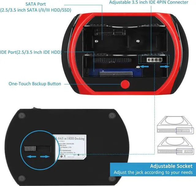 Alt view image 4 of 7 - Hard Drive Docking Station, USB 2.0 to 2.5 3.5 Inch SATA IDE Dual Slots External Enclosure with All in 1 Card Reader and USB 2.0 Hub for 2.5" 3.5" IDE SATA I/II/III HDD SSD