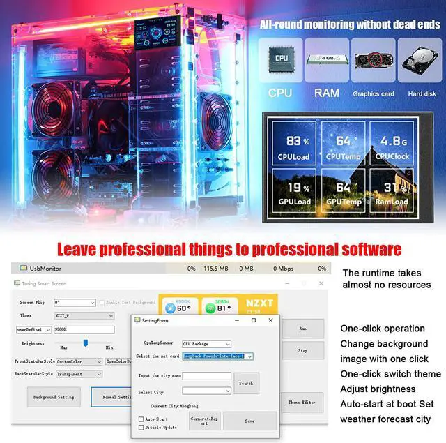 Alt view image 3 of 7 - 3.5 inch IPS USB Mini Screen AIDA64 PC CPU RAM HDD Data Monitor Computer Temperature Display Type-C Sub Screen