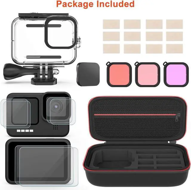 Alt view image 7 of 7 - Accessories Kit for GoPro Hero 12 / Hero 10 / Hero 11 / Hero 9, Shockproof Small Carry Bag + Waterproof Housing Case + Tempered Glass Screen Protector + Silicone Cover + Snorkel Filter Bundle
