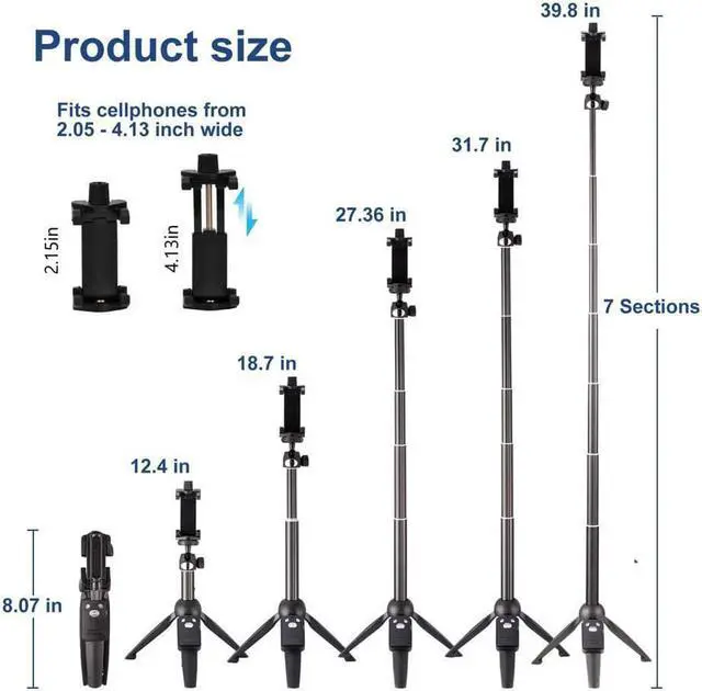 Alt view image 2 of 7 - Selfie Stick, Professional Selfie Stick Tripod, 40-inch Extendable Selfie Stick with Wireless Remote and Tripod Stand for iPhone 14 13 12 11 pro Xs Max Xr X 8 7 6 Plus, Android Samsung Smartphone